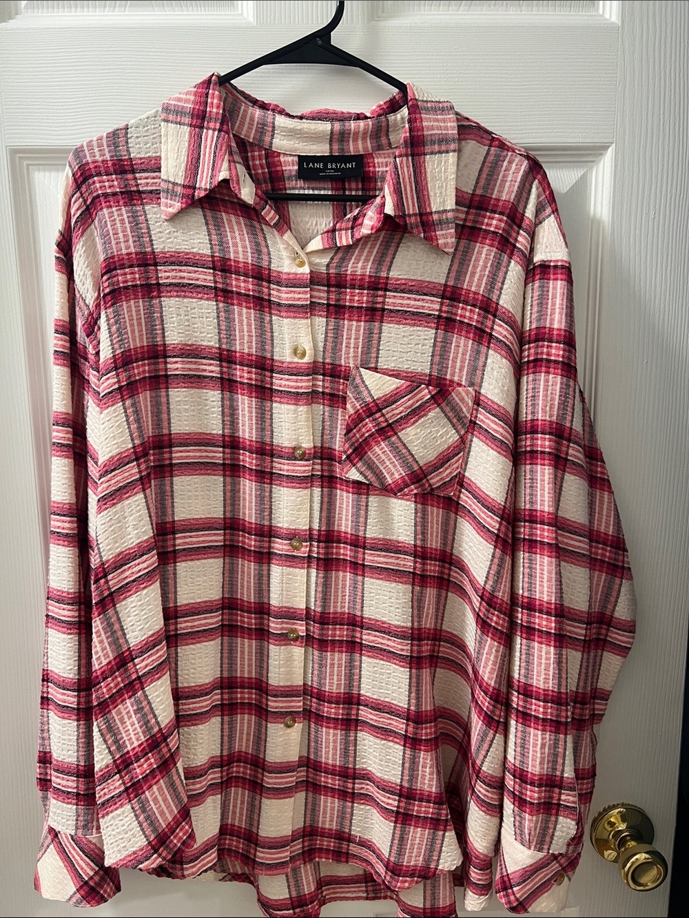 Lane Bryant Cream and Pink Plaid Button-Front Shirt